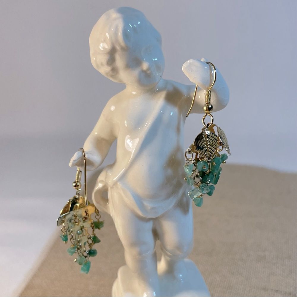 Gold leaves and natural aventurine stone drop earrings